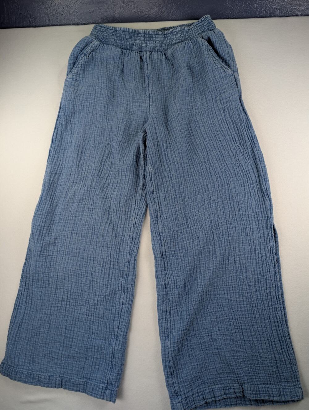 Women’s Blue Crinkle Gauze Wide Leg Side Slit Pants Size L
